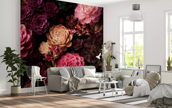 Bright living room with gray sofa, wire chair and tall window by succulent wallpaper GD14078