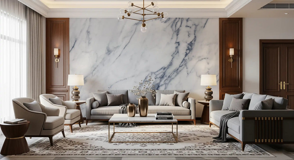 Formal living room with gray sofas, armchairs and chandelier against white marble wallpaper GD14091