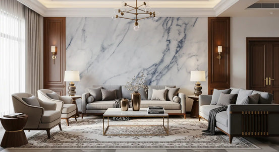 Formal living room with gray sofas, armchairs and chandelier against white marble wallpaper GD14091