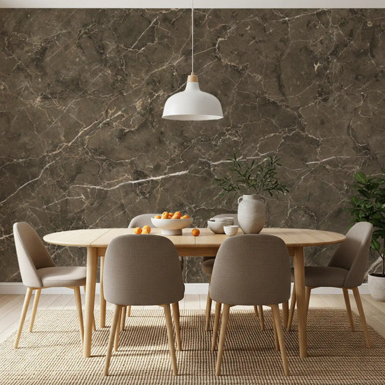 Brown marble wallpaper behind a round oak dining table and taupe chairs GD14107