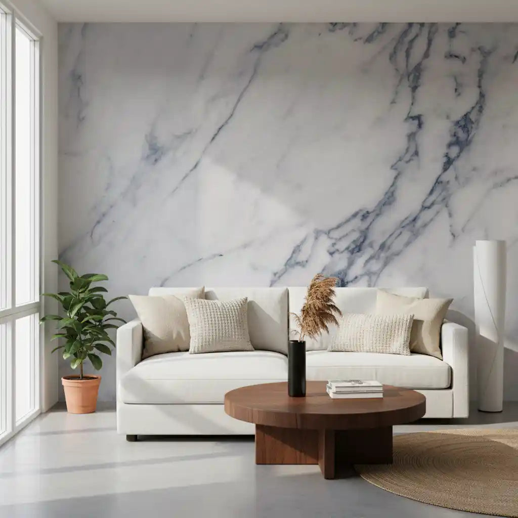 Marble wallpaper mural behind white sofa, round walnut coffee table and potted plant GD14109