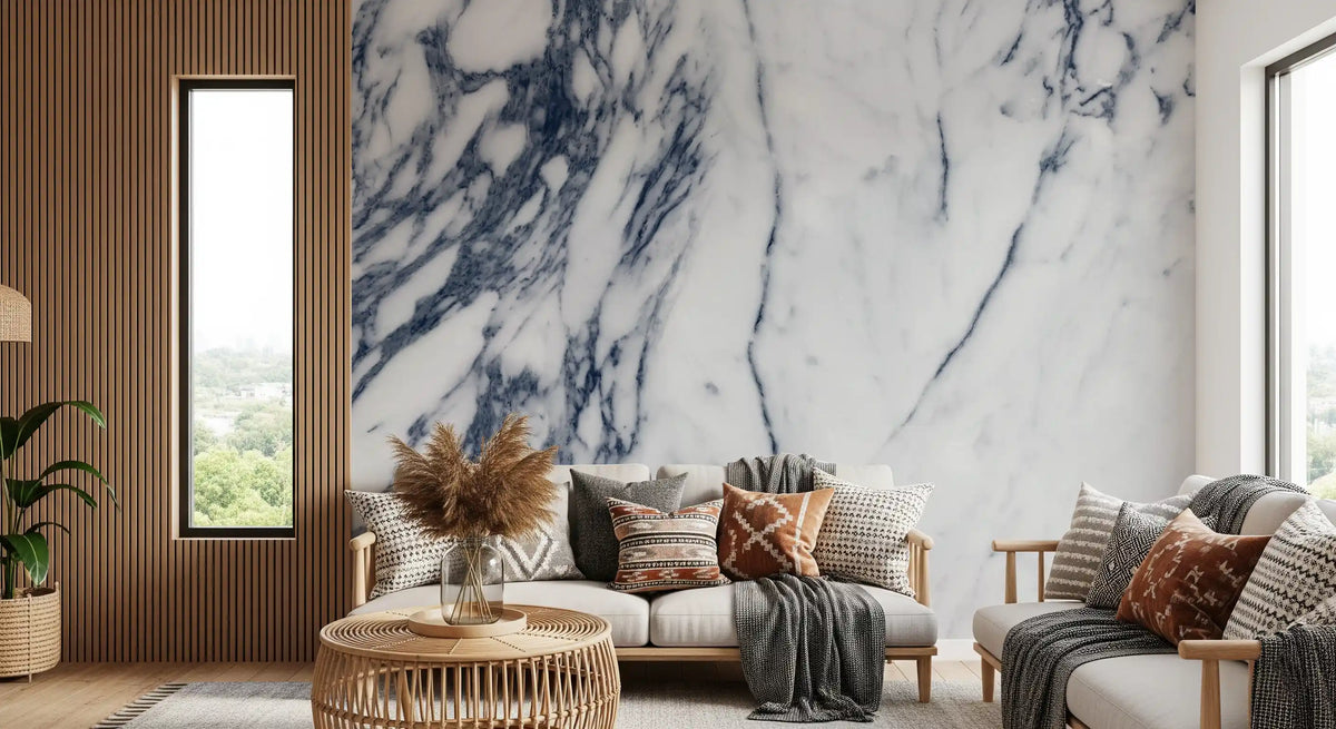 Classic Navy and White Marble Veins Wall Mural