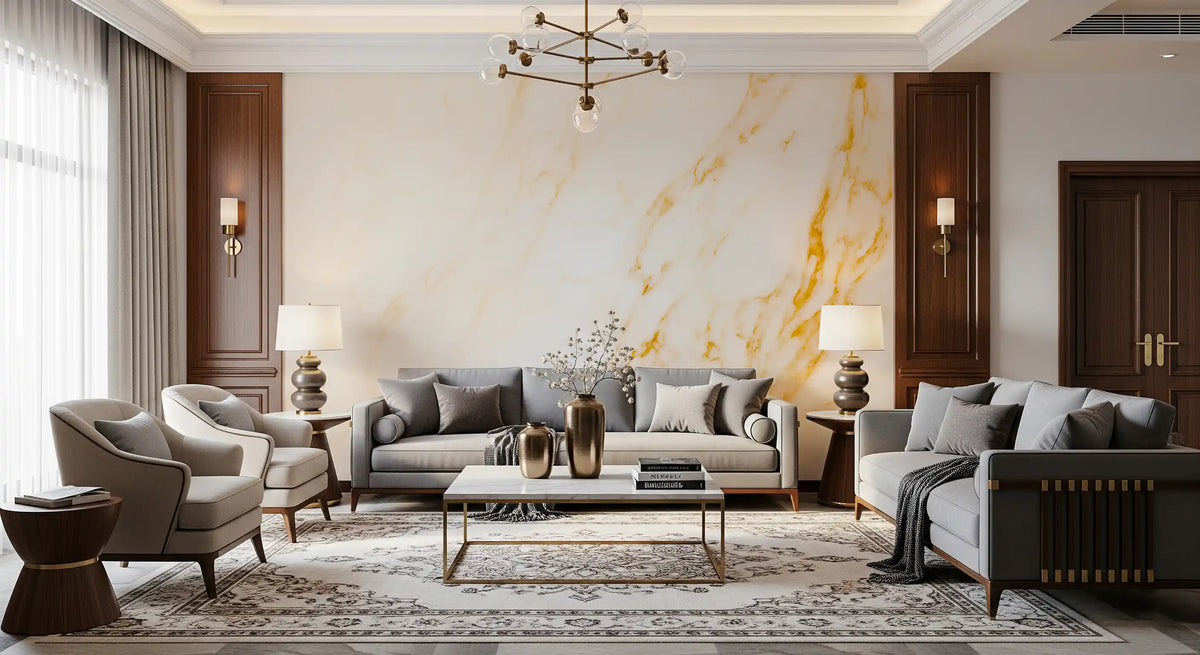 Golden Veined White Marble Slab Wall Mural