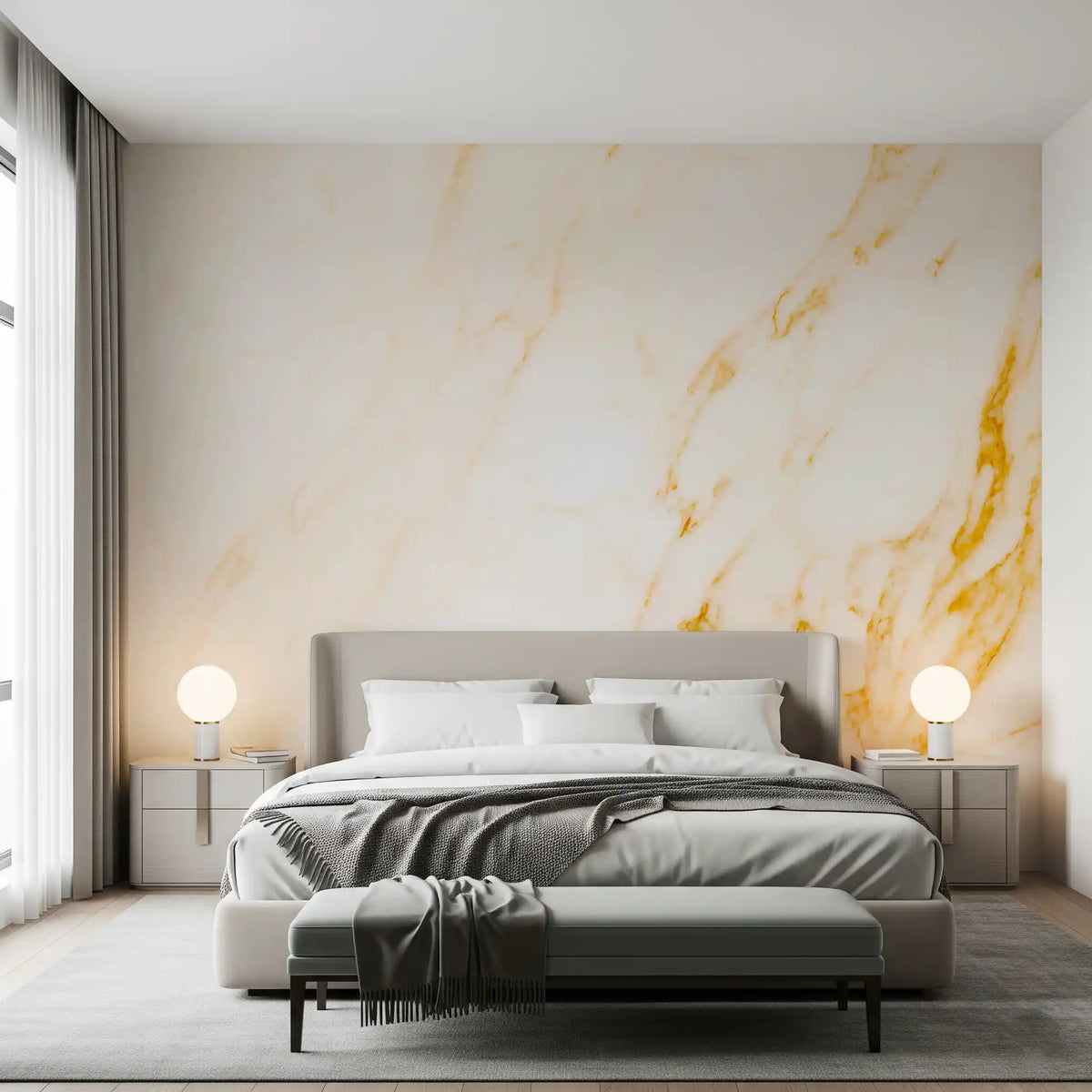 Gray upholstered bed with globe lamps and a bench against white and gold marble wallpaper GD14115
