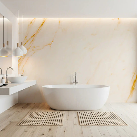 Bathroom with freestanding white tub and floating vanity on cream marble wallpaper GD14116