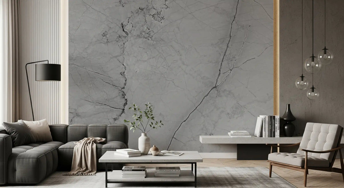 Gray marble wallpaper mural behind a charcoal sectional and leather lounge chair GD14139