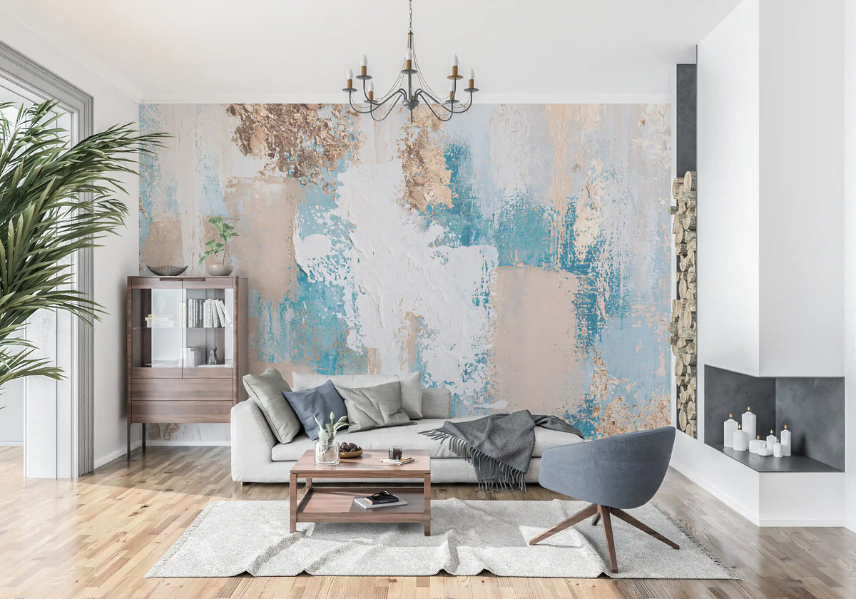 Azure and Gilded Brushstrokes Wall Mural