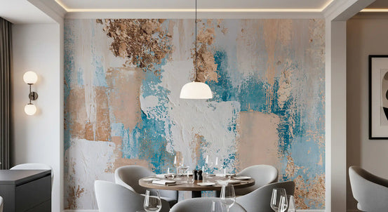 Brushstroke wallpaper behind a round dining table with gray chairs and a white pendant GD14154