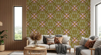 Symmetric Floral Renaissance on Olive Green Wallpaper⁠