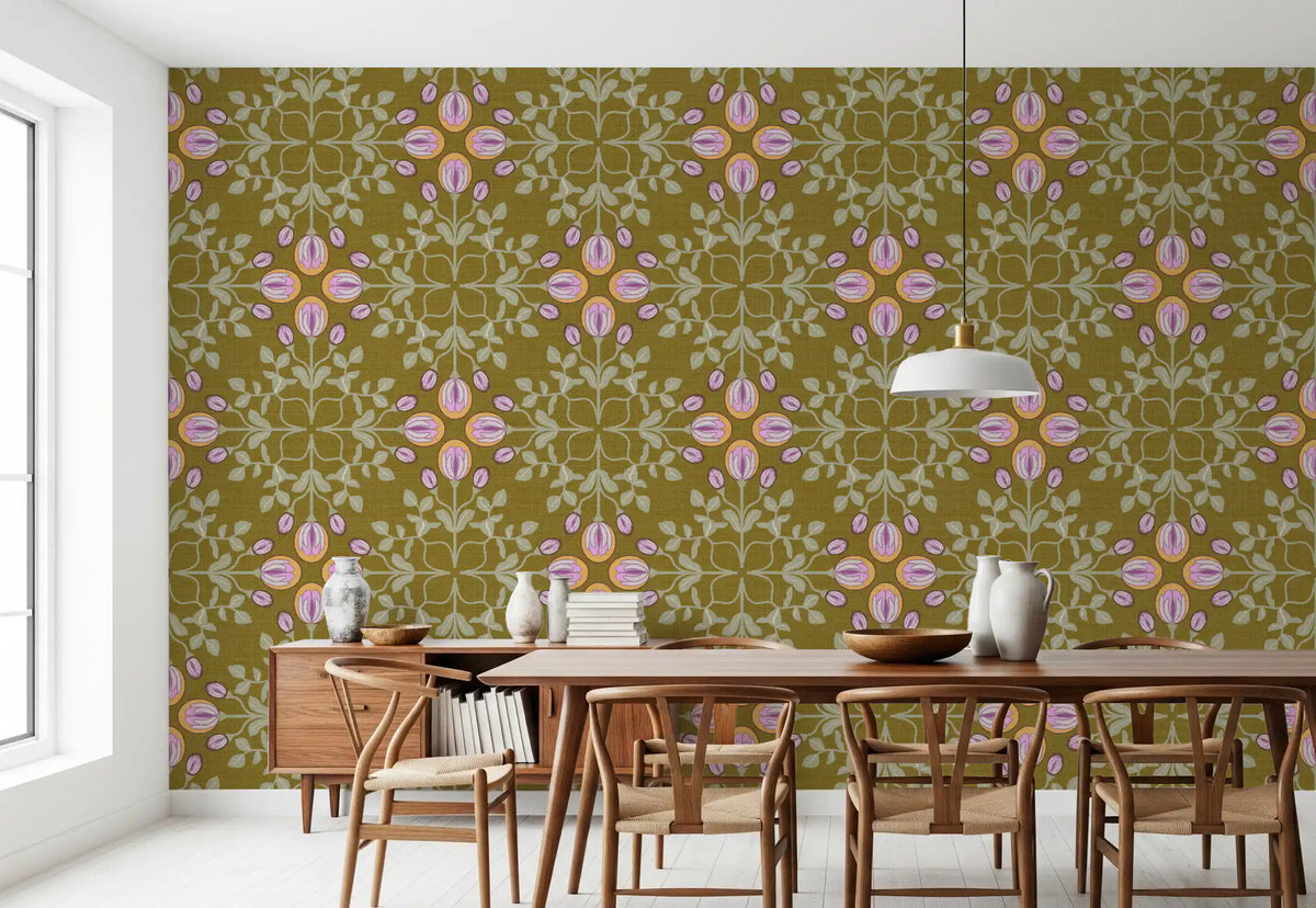 Symmetric Floral Renaissance on Olive Green Wallpaper⁠