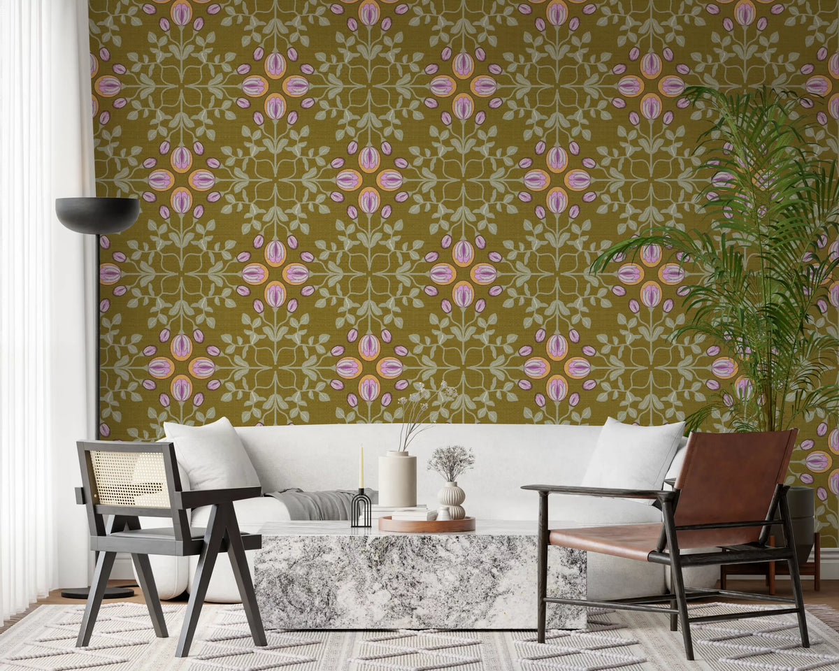 Symmetric Floral Renaissance on Olive Green Wallpaper⁠
