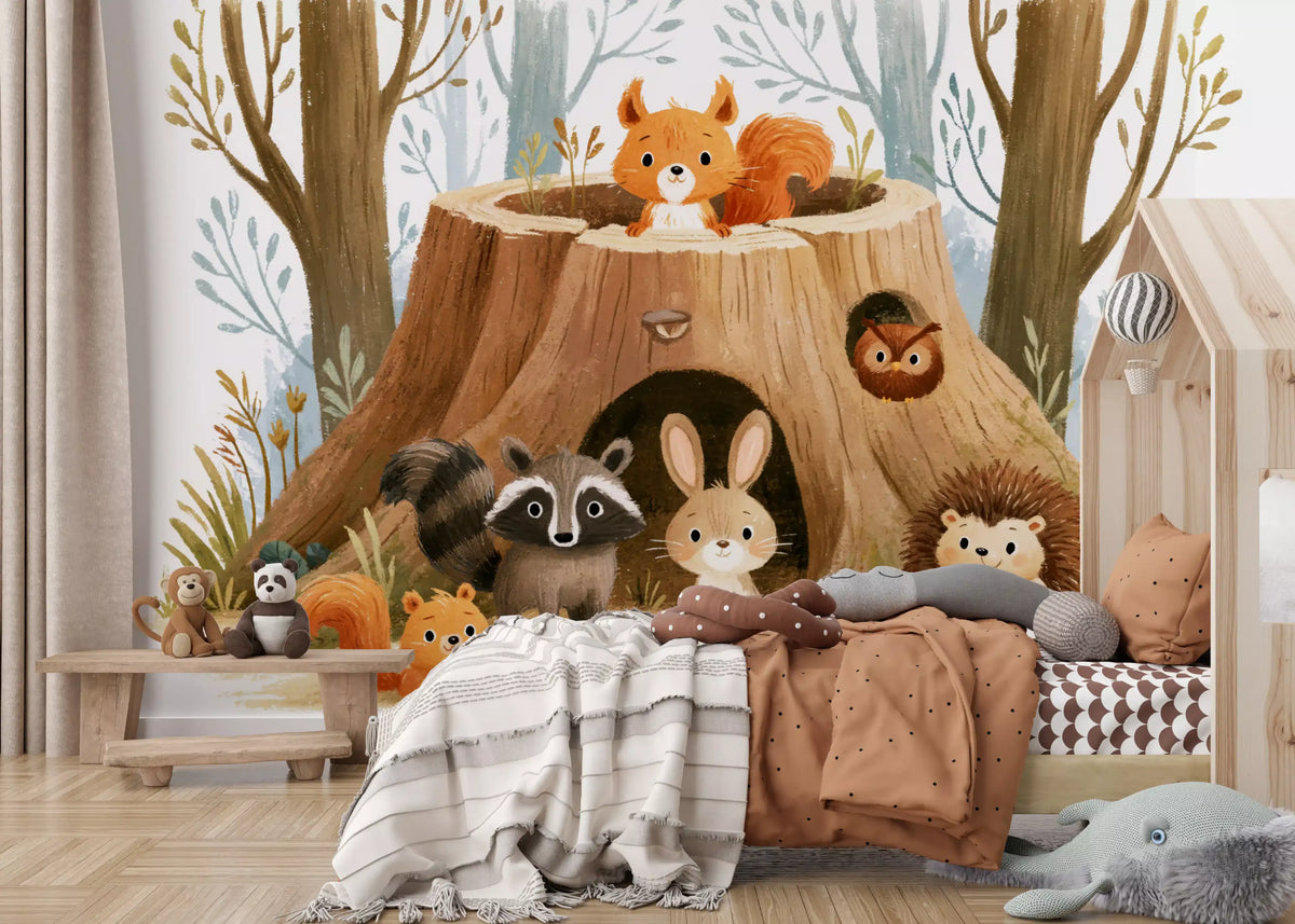 Forest Friends Tree Stump Scene Wall Mural