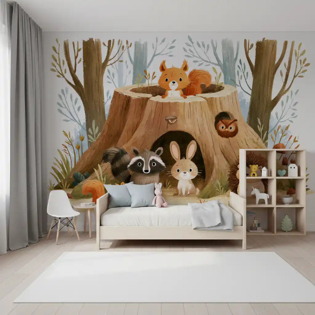 Forest Friends Tree Stump Scene Wall Mural
