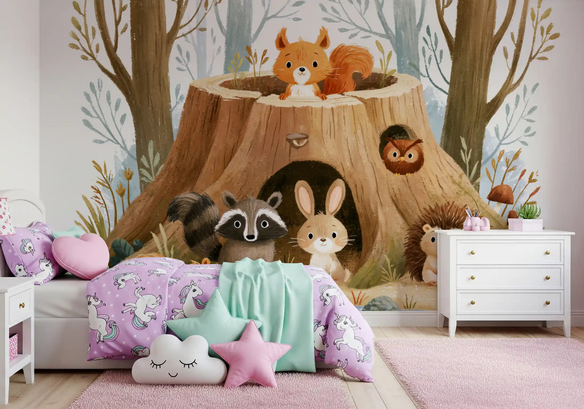 Forest Friends Tree Stump Scene Wall Mural