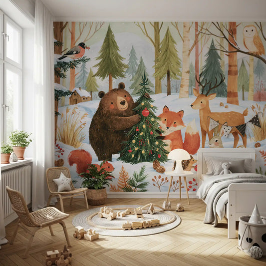 Snowy forest Christmas mural behind a rattan chair, wooden train set and white bed GD14165