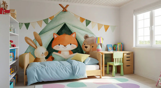 Fox wallpaper mural of a camping tent above a blue bed, wooden desk and pastel spot rug GD14166