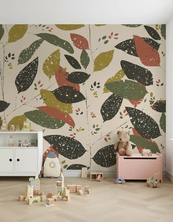 Leaf wallpaper in a playroom with white toy cabinet, pink toy box and teddy bear GD14174