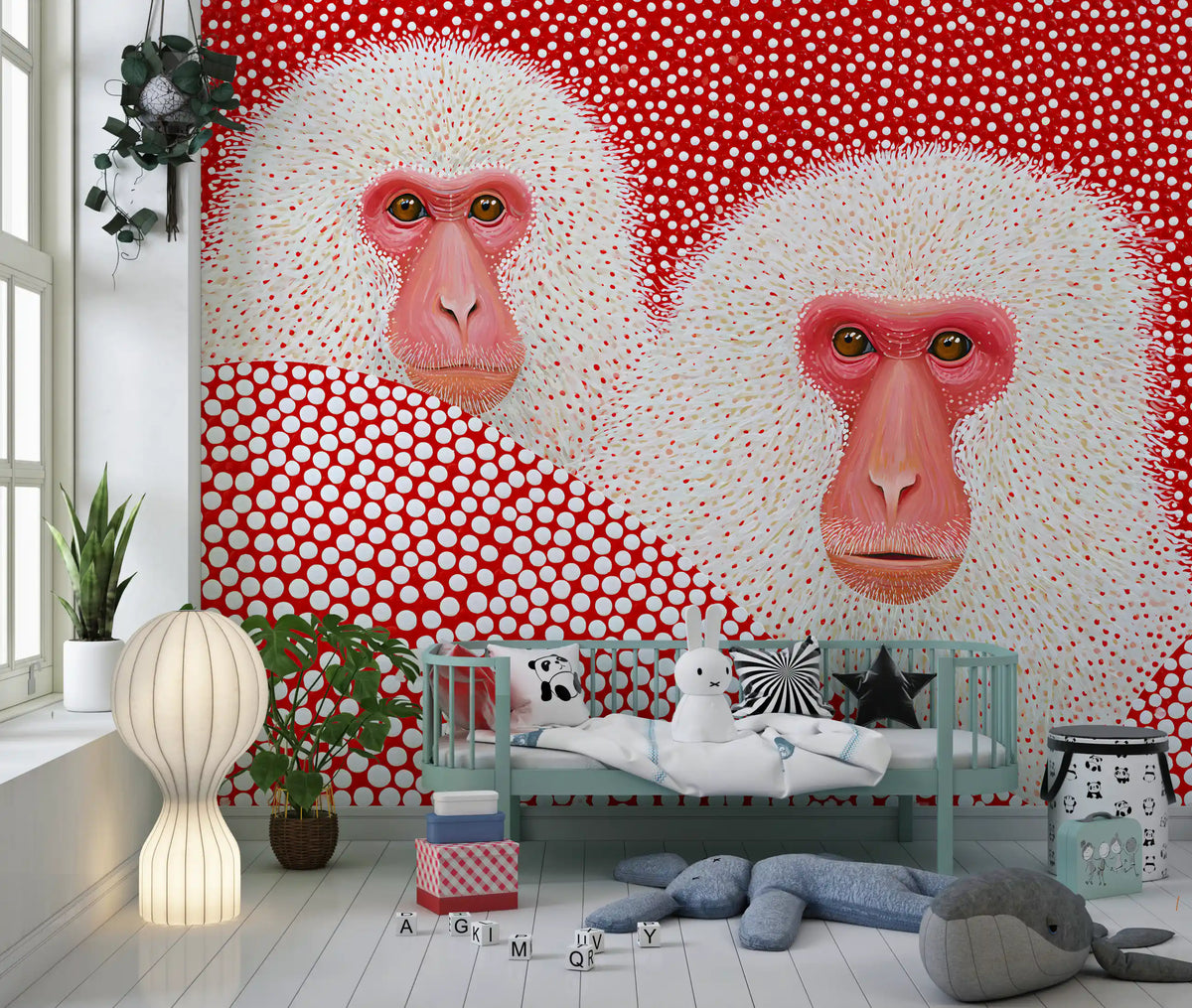 Snow Monkey Polka Dot Portrait Wall Mural
