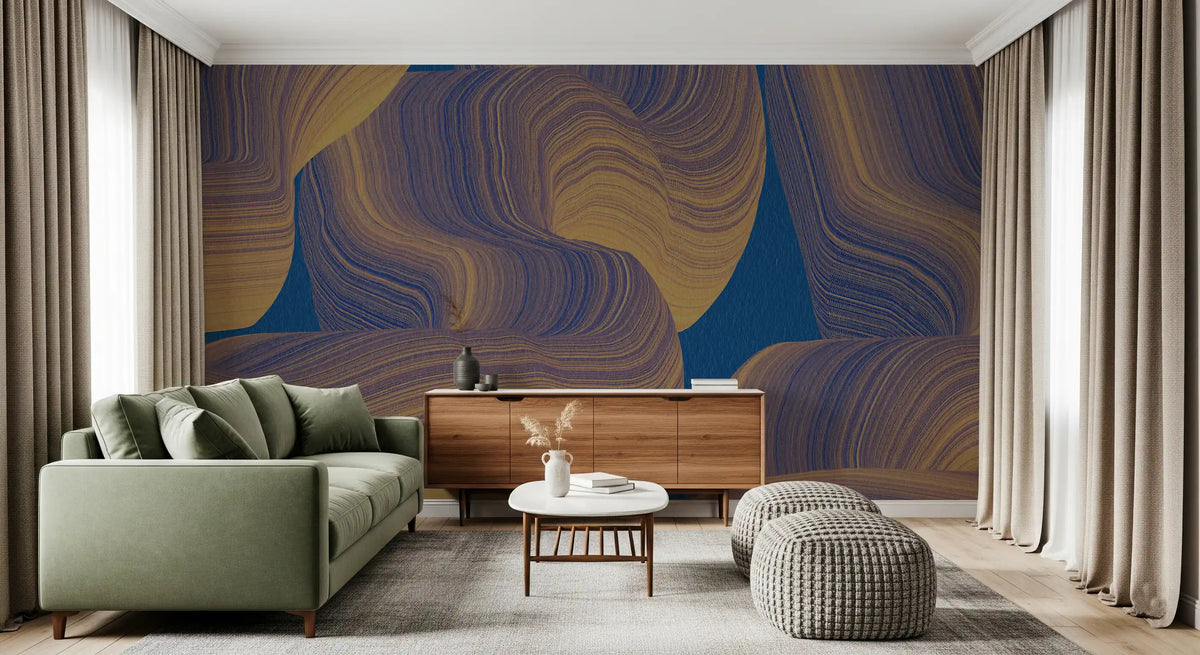 Sweeping Golden Curves on Navy Texture Wall Mural