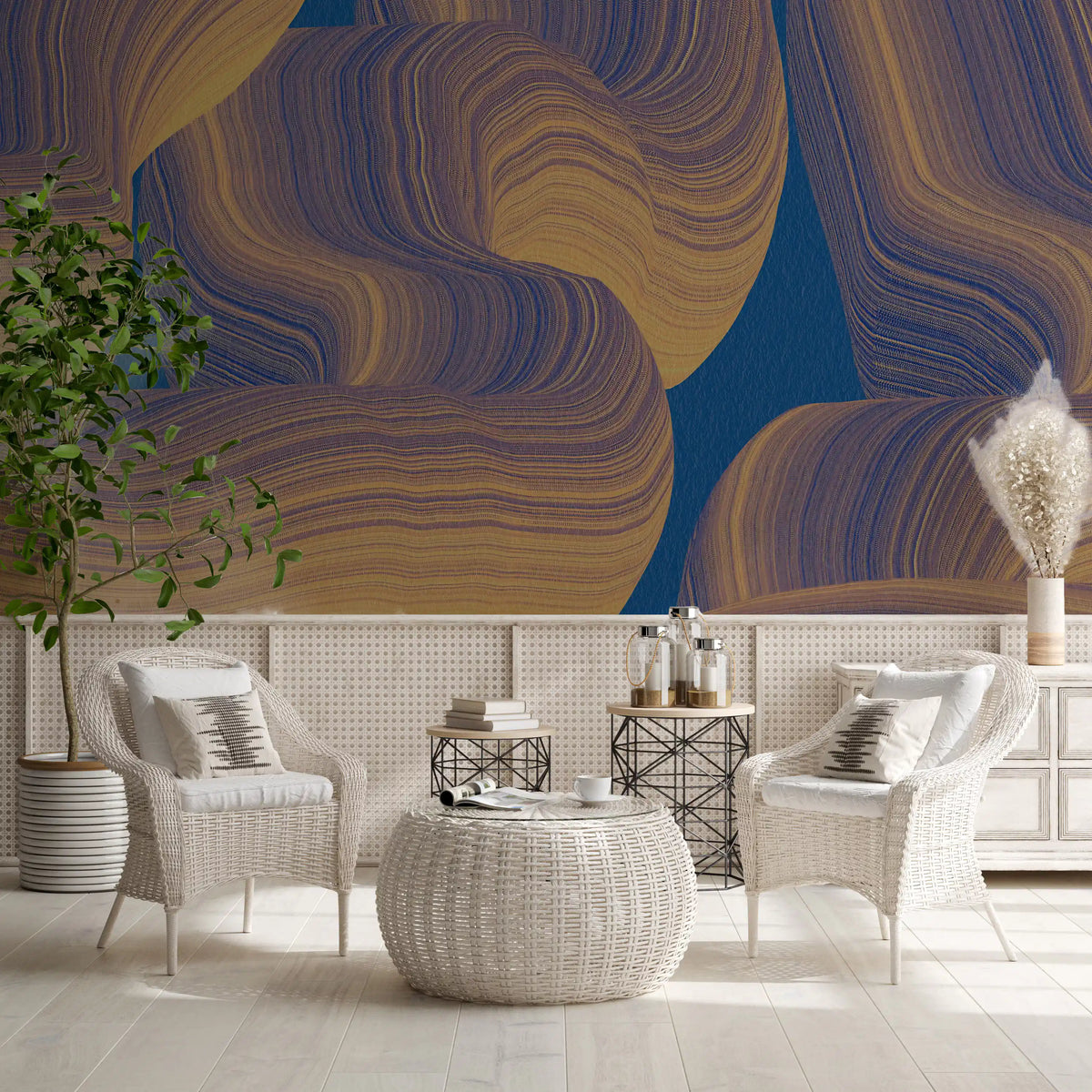 Sweeping Golden Curves on Navy Texture Wall Mural