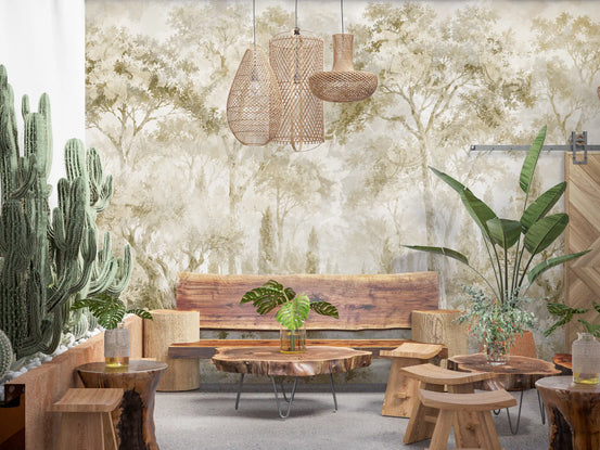 Forest wallpaper in a rustic cafe with live edge wood bench, slab tables and cactus GD14178