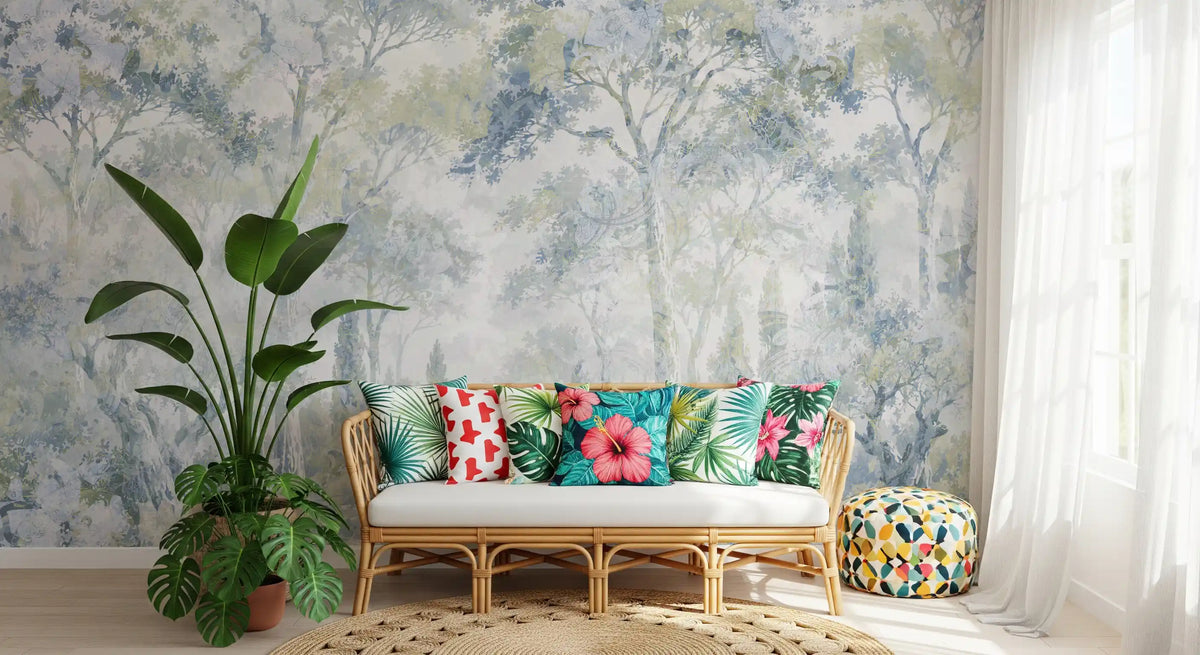 Blue forest mural behind a rattan bench with tropical print cushions GD14181