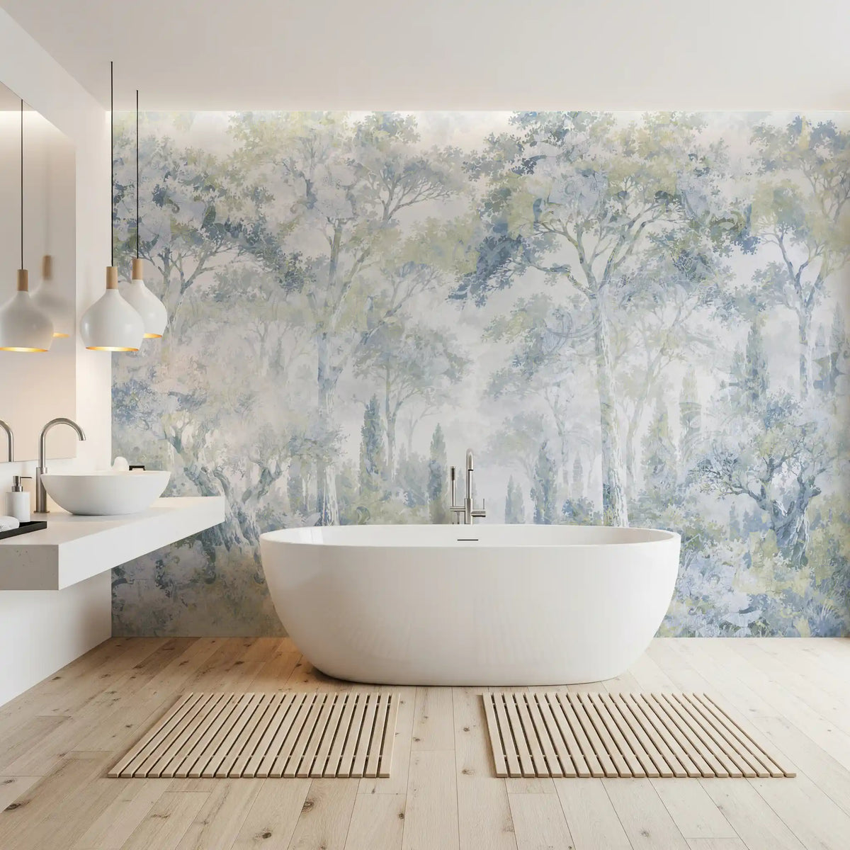 Forest wallpaper behind a white freestanding bathtub and floating vanity GD14181