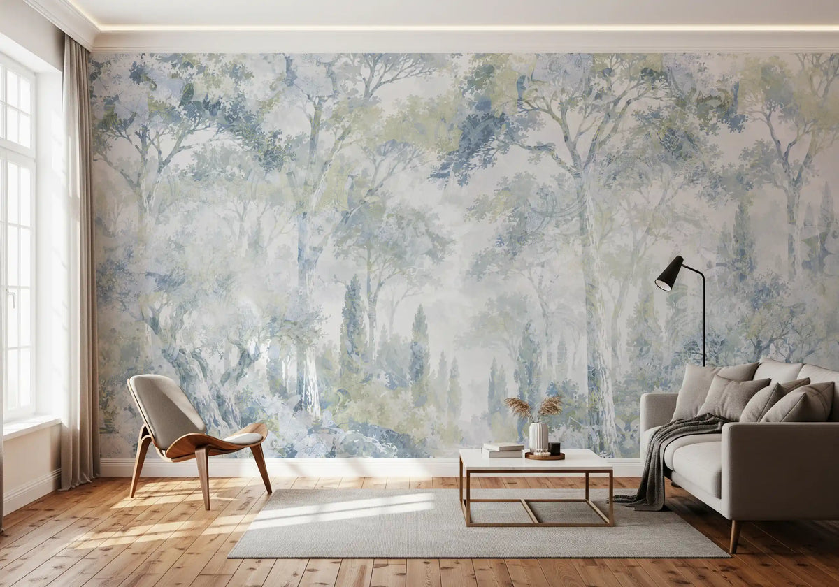 Forest wallpaper in a living room with shell lounge chair and gray sofa GD14181