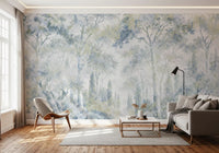 Forest wallpaper in a living room with shell lounge chair and gray sofa GD14181