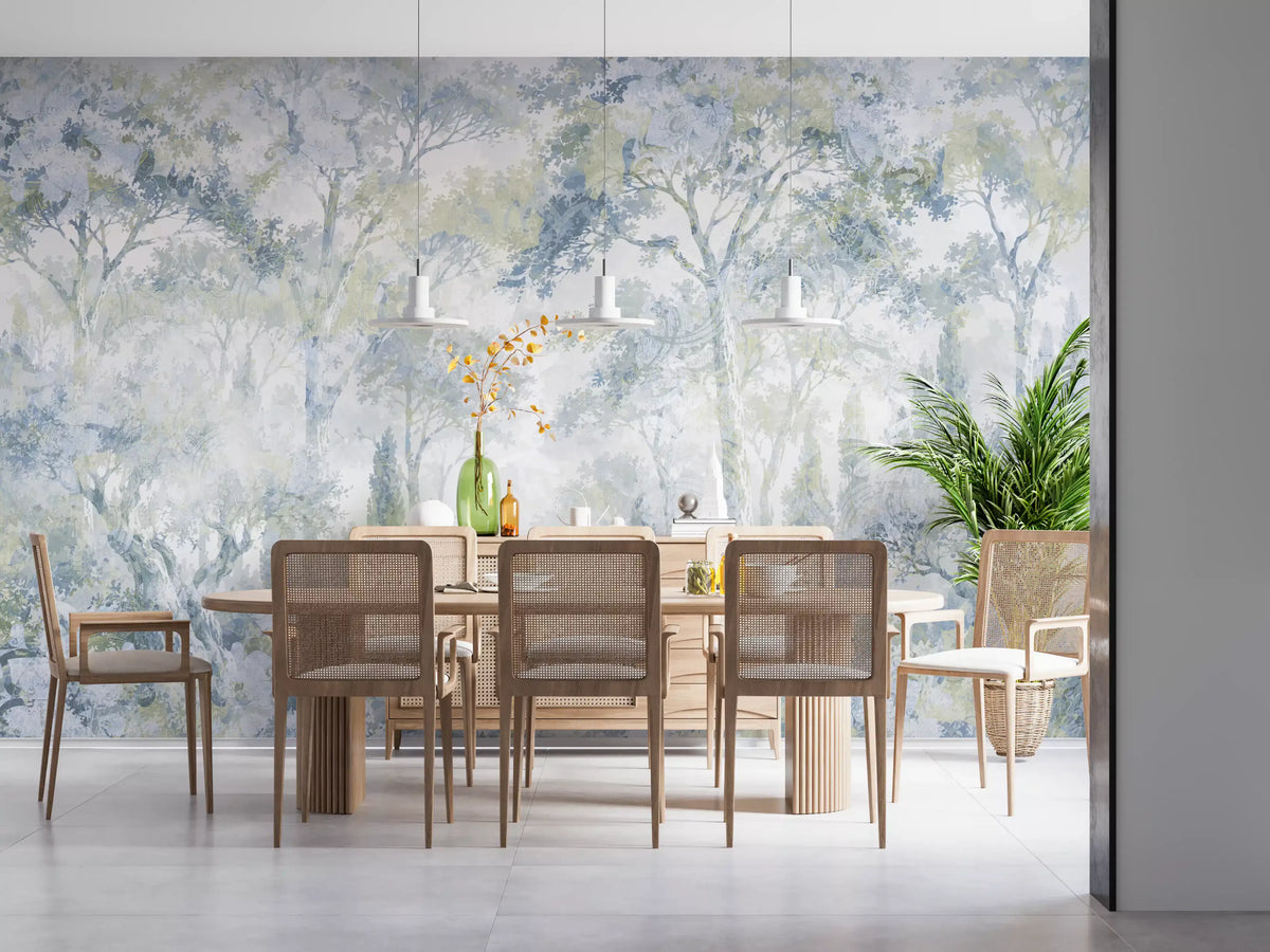 Icy blue Tuscan mural behind a long wood dining table with cane chairs GD14181