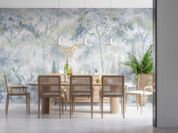 Icy blue Tuscan mural behind a long wood dining table with cane chairs GD14181