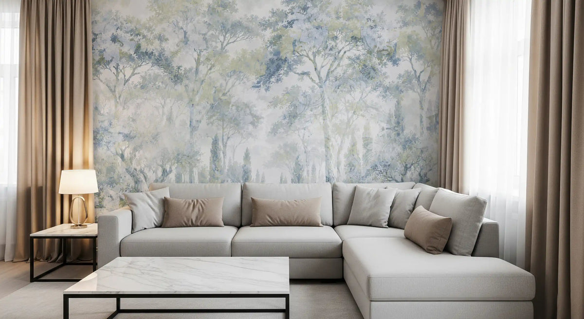 Forest wallpaper behind a light gray sectional and marble coffee table GD14181