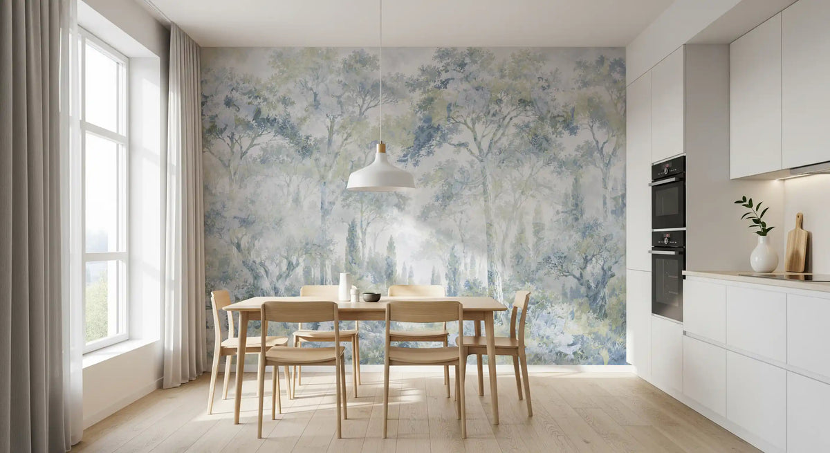Sage and blue tree mural in a white kitchen dining nook with oak table GD14181