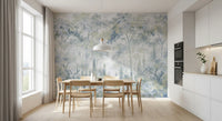Sage and blue tree mural in a white kitchen dining nook with oak table GD14181
