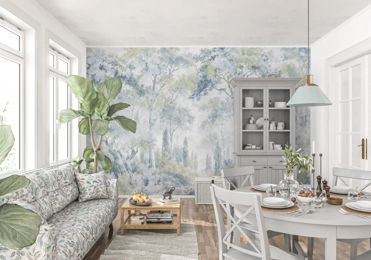 Icy blue tree mural in a living room with floral sofa and gray dining hutch GD14181