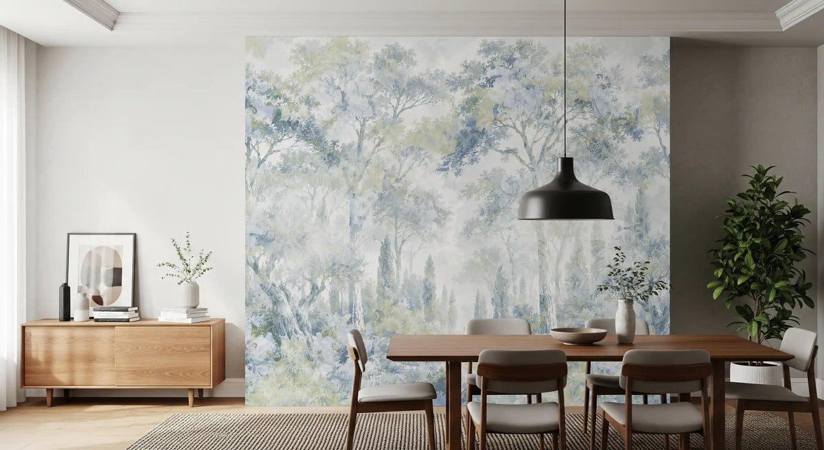 Forest wallpaper in a dining room with walnut table, black pendant and sideboard GD14181