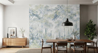 Forest wallpaper in a dining room with walnut table, black pendant and sideboard GD14181