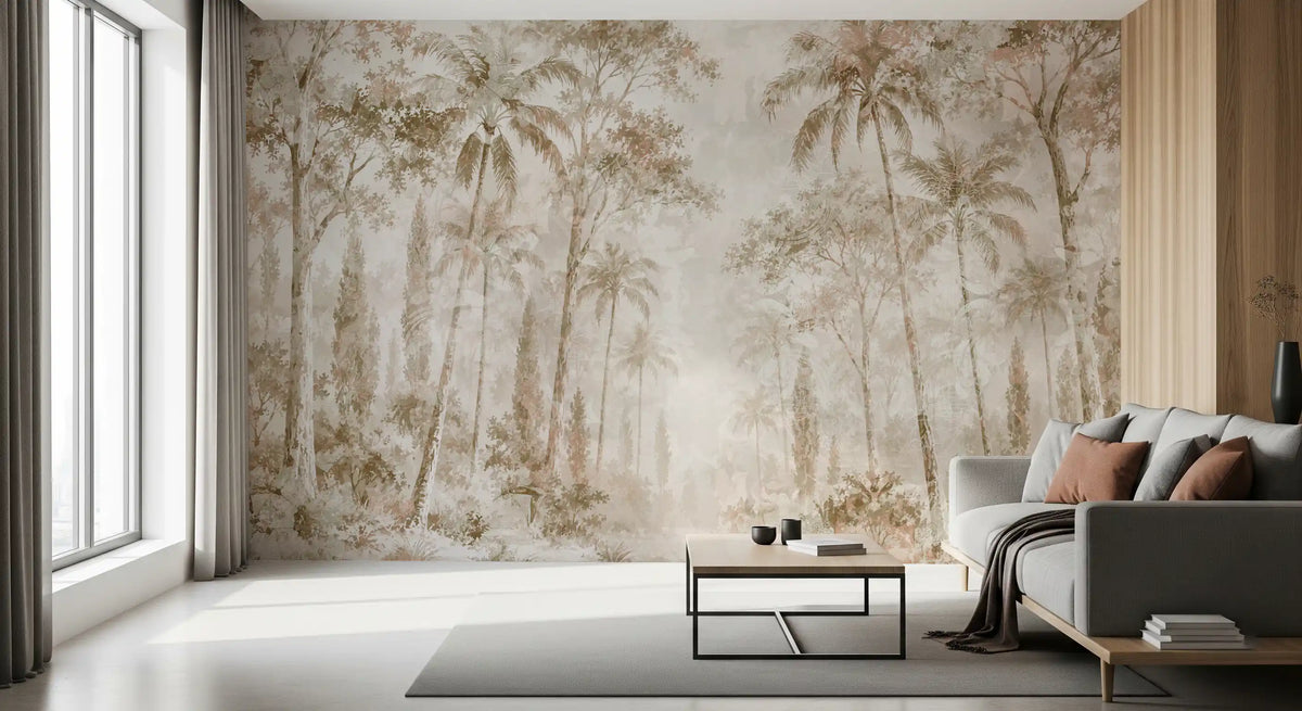 Jungle wallpaper beside a tall window with a gray sofa and small side table GD14184