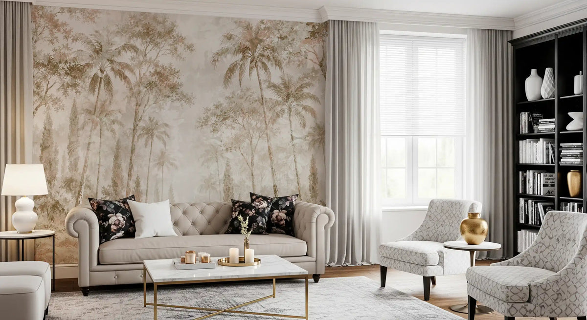 Sepia palm mural behind a tufted sofa, patterned armchairs and black bookcase GD14184