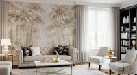 Sepia palm mural behind a tufted sofa, patterned armchairs and black bookcase GD14184