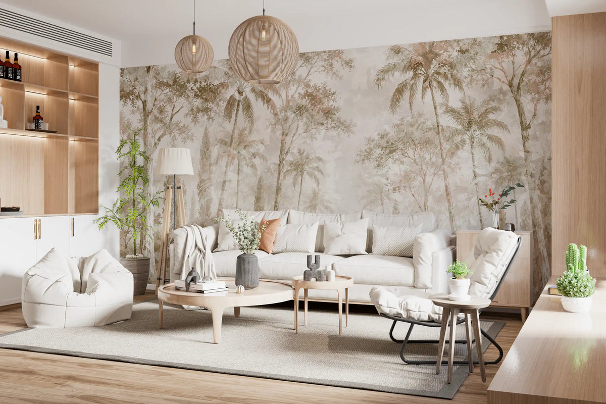 Warm sepia jungle mural in an open living room with white sofa and pendants GD14184