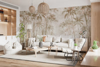 Warm sepia jungle mural in an open living room with white sofa and pendants GD14184