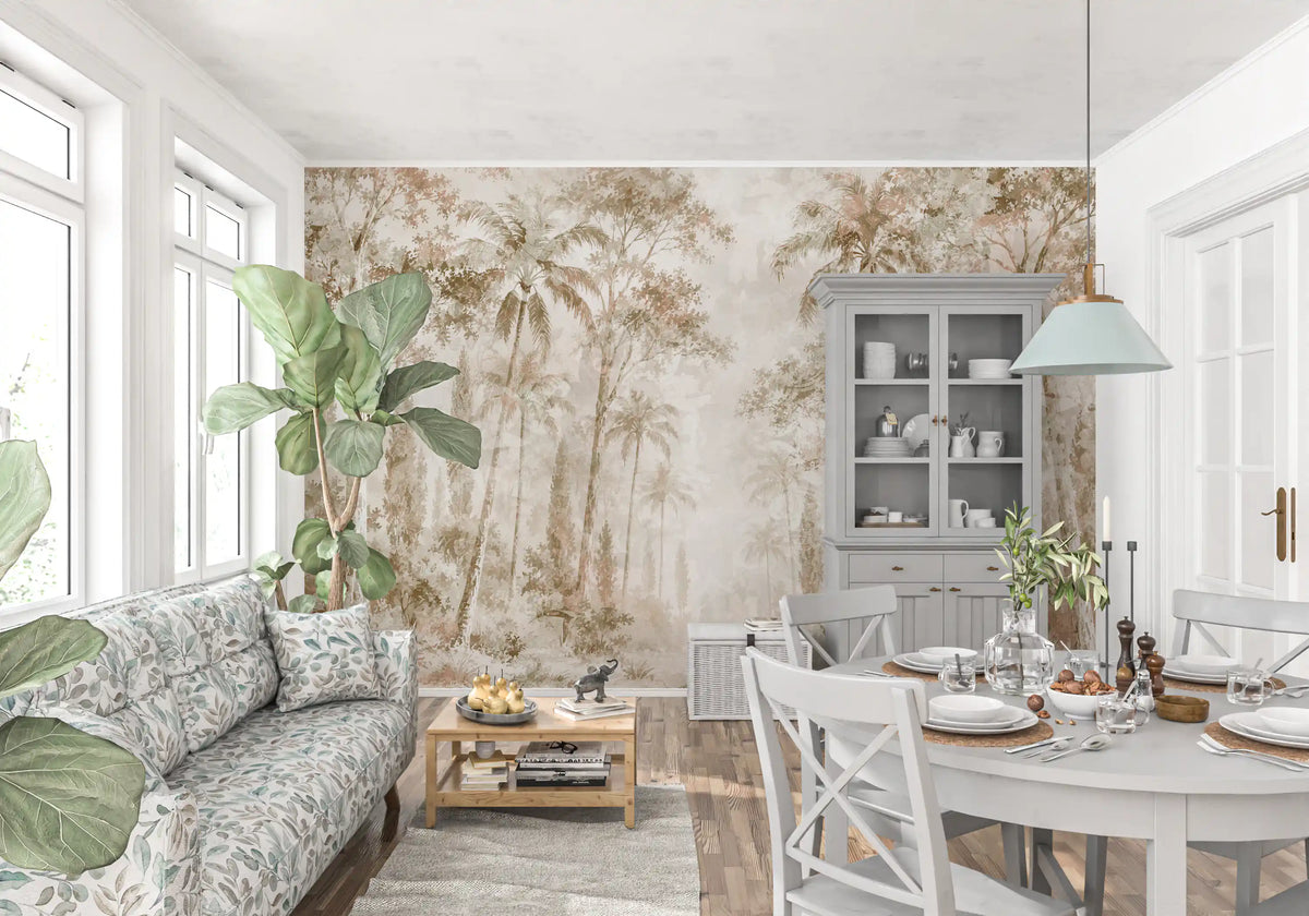 Sepia palm mural in a living room with floral sofa and gray dining hutch GD14184