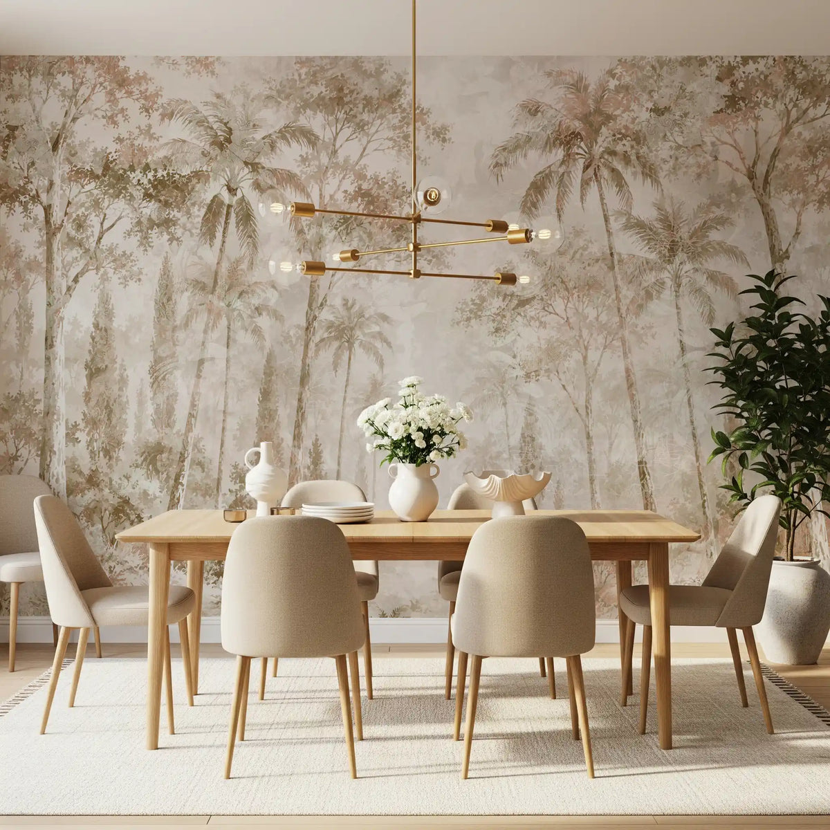 Blush and sepia palm mural behind an oak dining table and brass chandelier GD14184