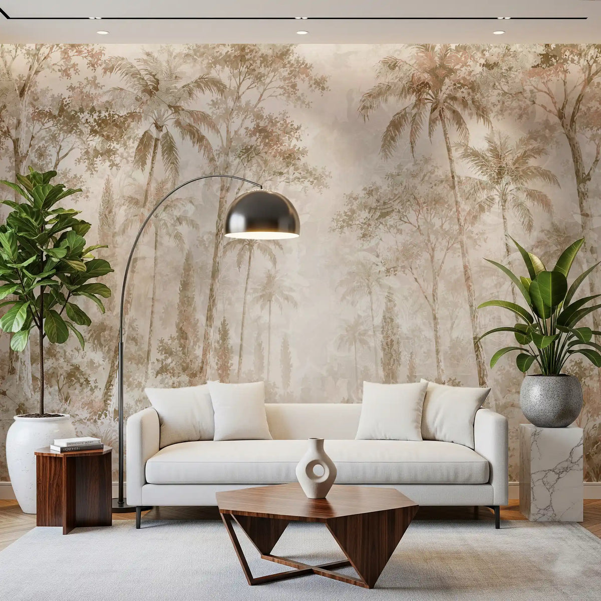 Jungle wallpaper behind a white sofa, arc floor lamp and wood coffee table GD14184