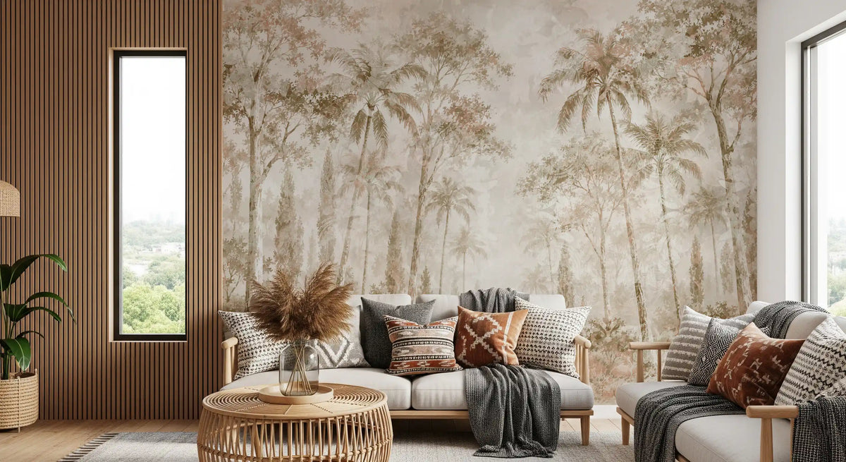 Jungle wallpaper behind a cream sofa with patterned cushions and rattan table GD14184