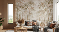 Jungle wallpaper behind a cream sofa with patterned cushions and rattan table GD14184