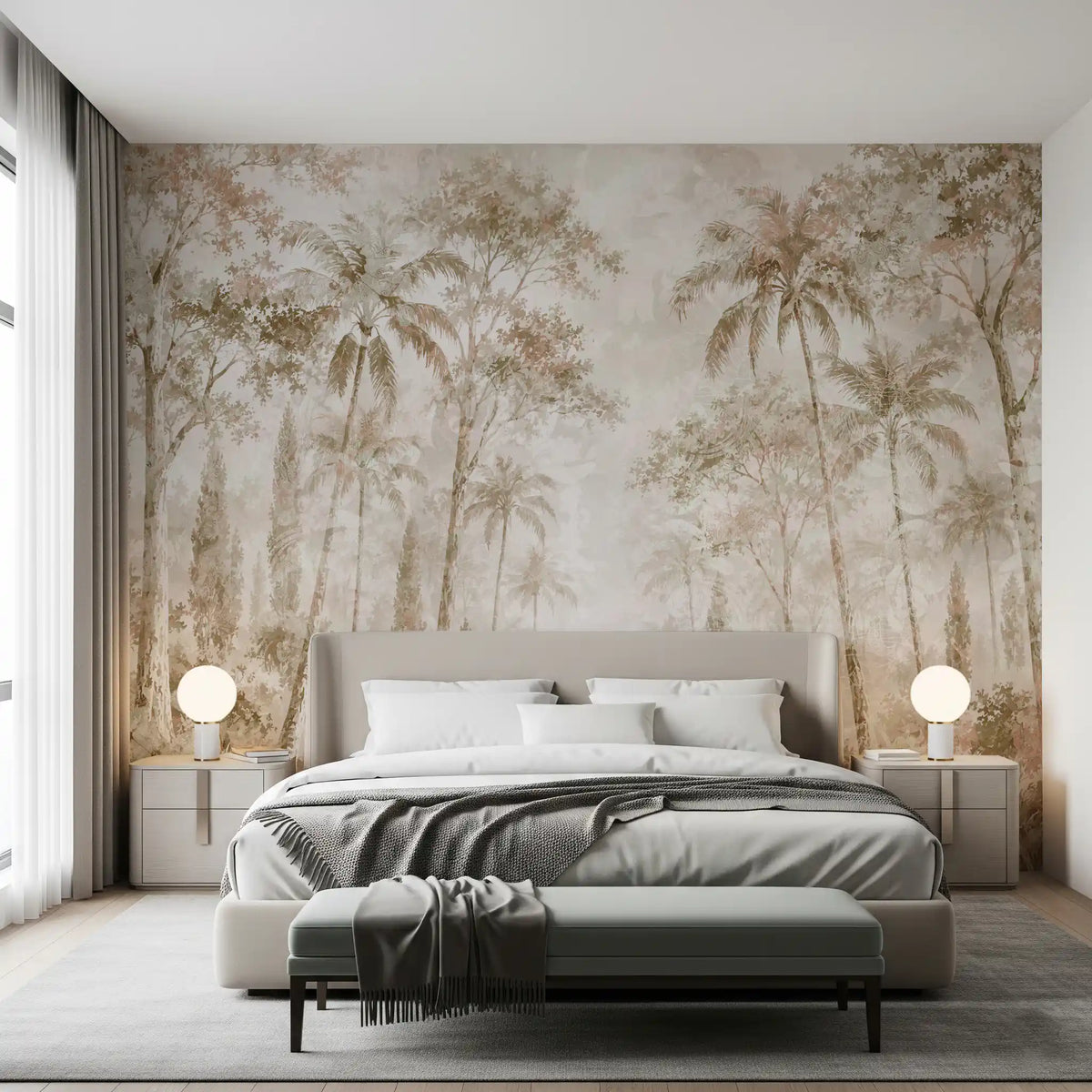 Jungle wallpaper behind a gray upholstered bed with globe lamps and bench GD14184