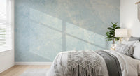 Bedroom with white bed, macrame throw and window light across a blue marble wall GD14187