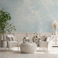 Wicker armchairs and woven coffee table by a cane sideboard on an azure marble wall GD14187